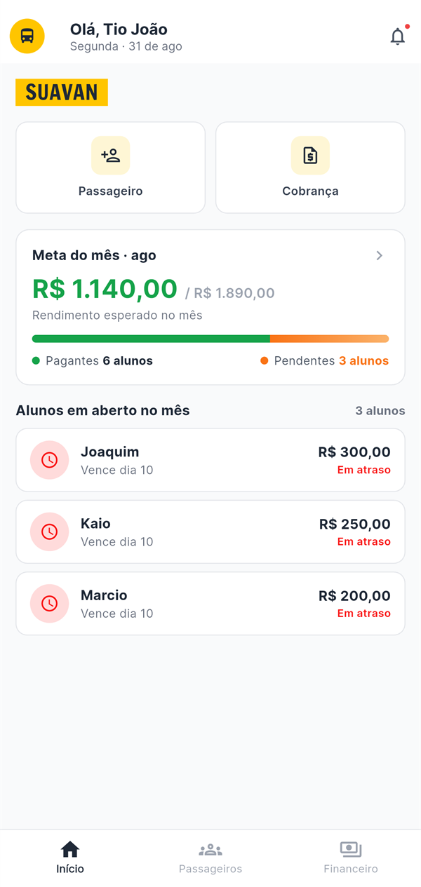 Tela Início do app Sua Van: meta do mês com R$ 1.140,00 recebidos de R$ 1.890,00 e a lista de alunos em aberto no mês